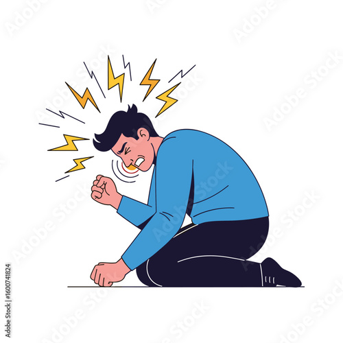 Frustrated person kneeling with fist clenched showing anger and agitation
