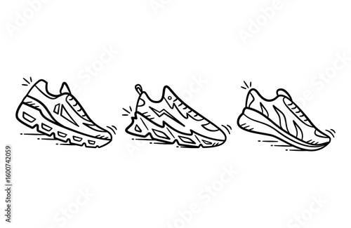 Running shoes hand drawn Illustration collection. Set of modern sneakers icon doodle in outline flat style vector. Sport equipments doodle.