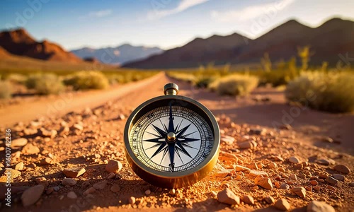 Compass on a dirt road amidst mountains