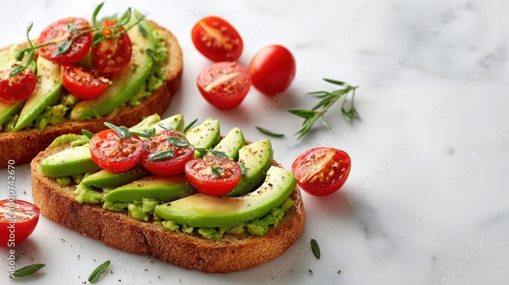 Avocado Toast with Cherry Tomatoes on Marble Surface Avocado Toast with Cherry Tomatoes on Marble Surface