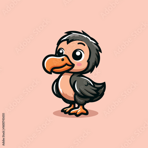 Adorable cartoon dodo bird character with big eyes and orange beak standing on a light peach background