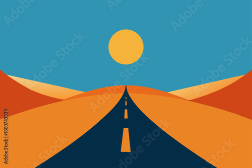 minimalist desert road vanishing into sun drench