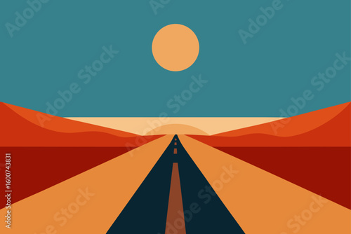 minimalist desert road vanishing into sun drench