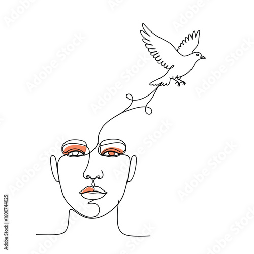 Abstract continuous line drawing depicting a woman's face with a bird taking flight from her thoughts