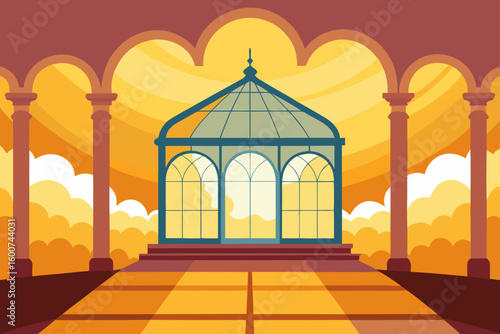 Palace sunroom with golden glow and clouds outside