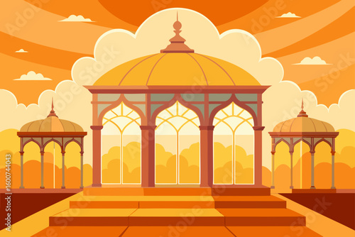 Palace sunroom with golden glow and clouds outside