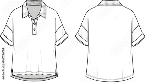 Short sleeve polo shirt technical sketch, button placket detail, front and back view, fashion vector drawing, apparel flat template illustration