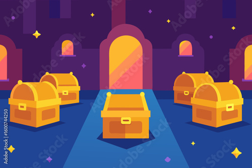 room full of cartoon chests and sparkles