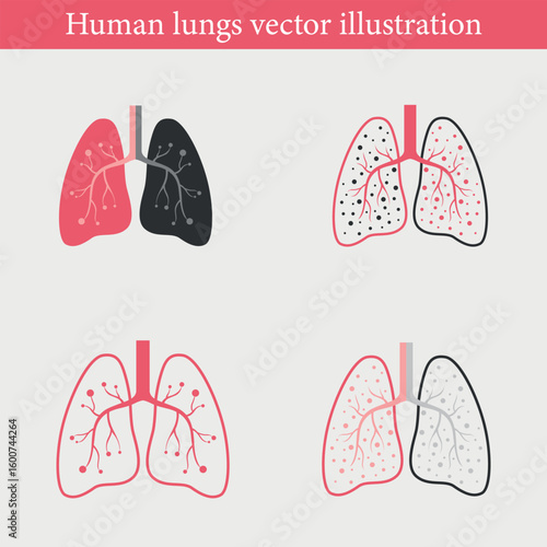 Vector illustration of human lungs showing healthy and diseased lungs with detailed anatomical structures