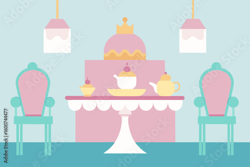 royal tea room with pastel furniture and pastries