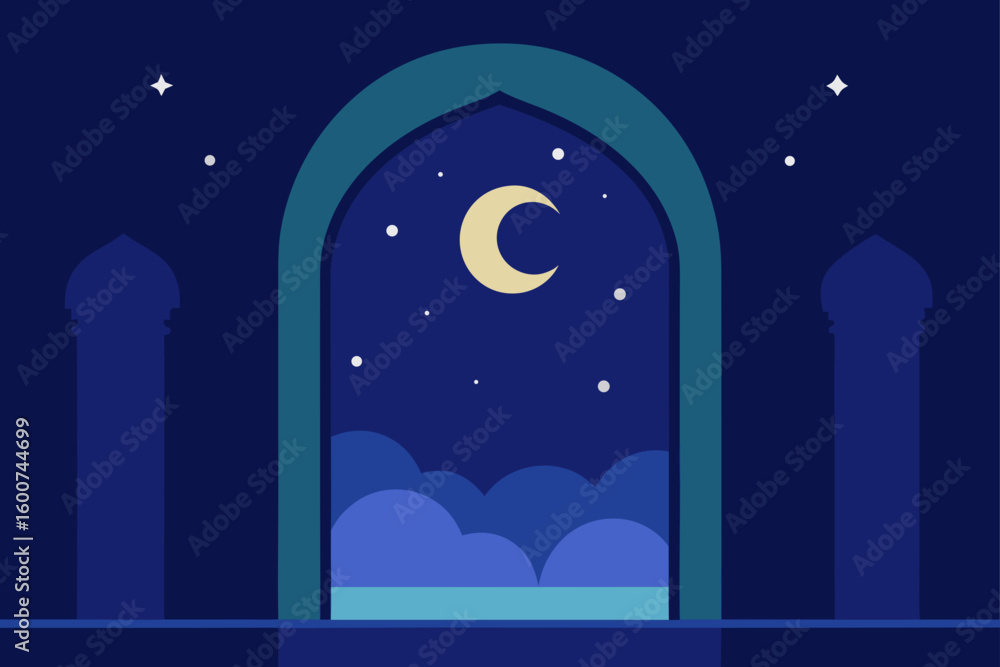 Naklejka premium Starry Night Palace Room with Moon Window View