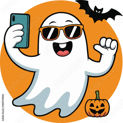 Selfie Ghost in Sunglasses  Cute Halloween Cartoon with Pumpkin and Bat


