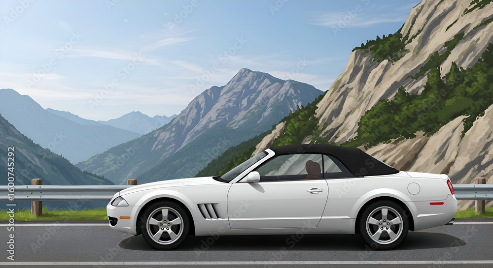 Naklejka premium A white convertible car parked on a mountain road in the Swiss Alps. Modern vehicle parked along scenic route with alpine backdrop.