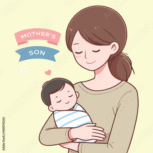 Gentle mother tenderly cradling her sleeping baby son in her arms with love and care