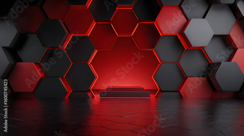3d rendering of red and black abstract geometric background. Scene for advertising, technology, showcase, banner, game, sport, cosmetic, business, metaverse. Sci-Fi Illustration. Product display 