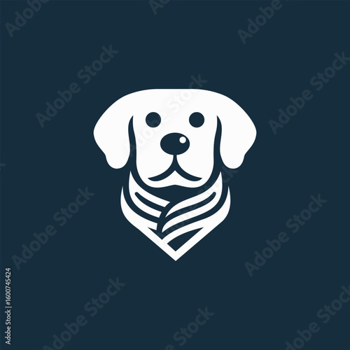 Modern minimalist white dog head logo with a stylized scarf or collar on a dark blue background