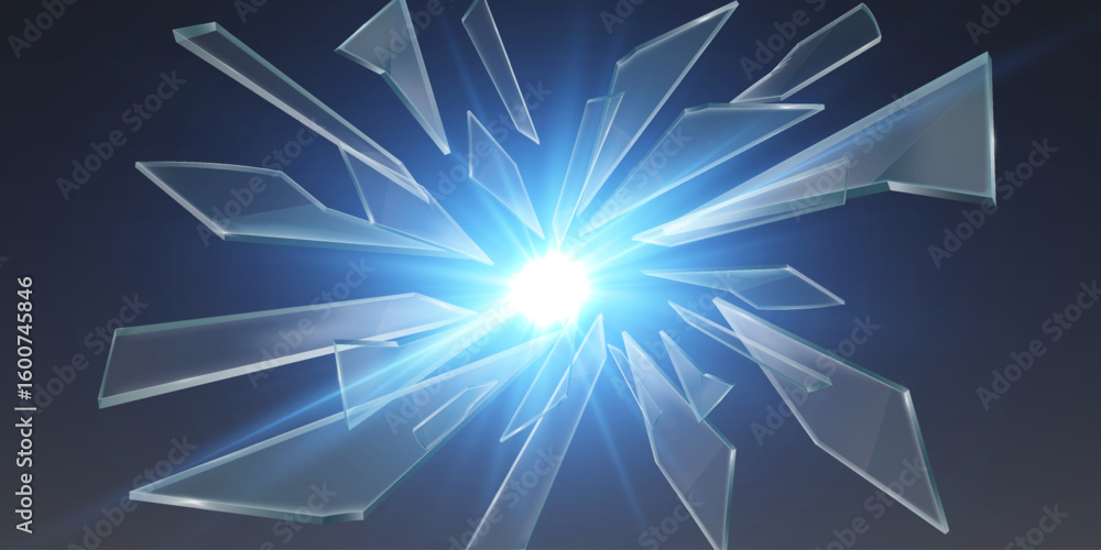 Explosion of blue glass with a bright flash of light and fragments.