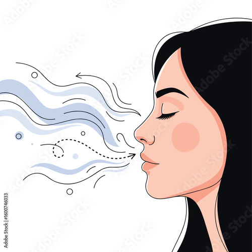 Woman taking deep breath fresh air exhaling slowly practicing mindful breathing technique