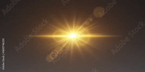 Golden luminous light effect, sun and star explosion.