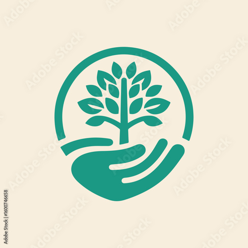 Green tree growing in an open hand inside a circular frame symbolizing growth and care