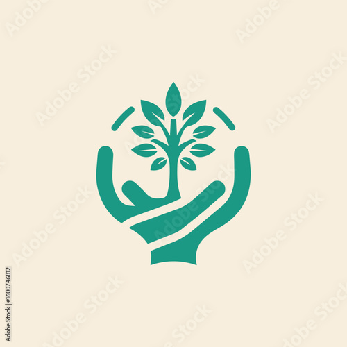 Two stylized teal hands cradling a vibrant green sapling with leaves reaching towards a bright future