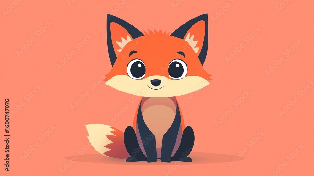 Obraz premium Cute cartoon fox sitting on coral background