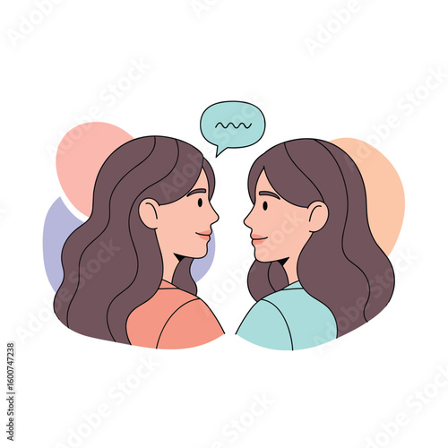 Two young women talking to each other with speech bubble symbolizing communication and connection