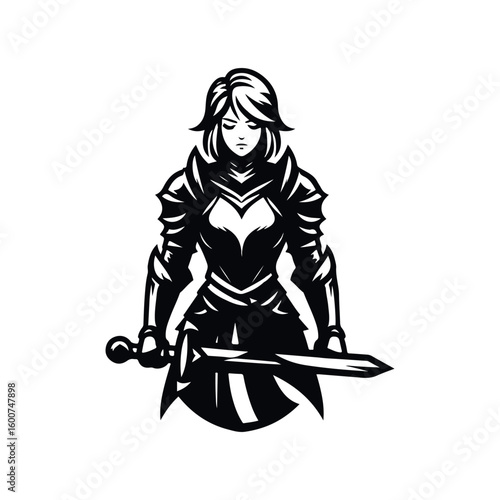 Stylized black and white illustration of a female knight in full armor holding a sword ready for battle