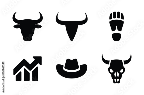 Bull head silhouette cowboy hat footprint and upward trending graph bull horns shoe print