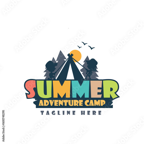 Summer camp logo design with boys and girls doing outdoor activities.