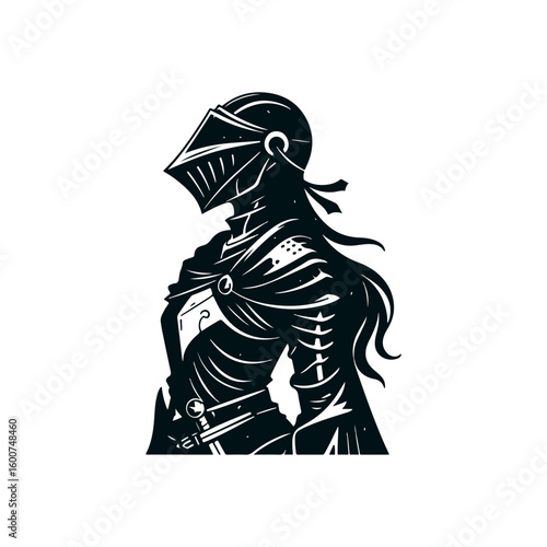 Detailed illustration of a medieval knight in full armor with a helmet and flowing hair on a white background