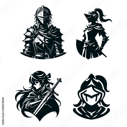 Four distinct fantasy warrior silhouettes in black and white showcasing armor and weaponry in a graphic style
