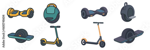 Modern electric scooters and hoverboards displayed in a stylish design layout with various shapes and colors