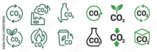 Visual representation of carbon dioxide concepts including recycling, emissions, and environmental impact