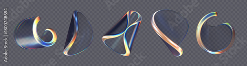 Set of 3d transparent glossy twist round shapes with dispersion effect. Rainbow colors reflection glass. Vector illustration.
