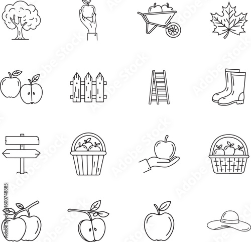 Collection of hand drawn apple picking and autumn harvest icons in a simple line art style