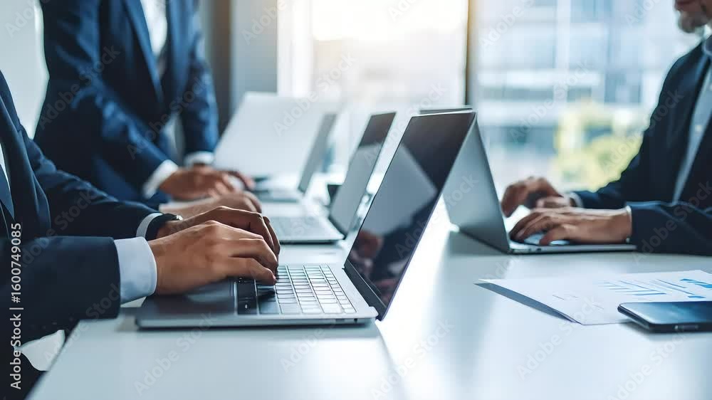 Diverse businesspeople working on laptops in office Diverse businesspeople working on laptops in office