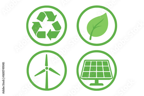Green symbols representing sustainability, renewable energy, and environmental preservation in a clean design