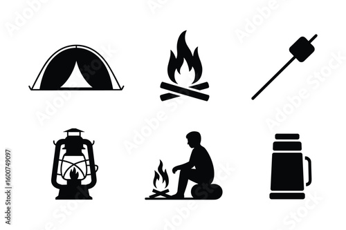 Camping icons tent campfire marshmallow stick lantern person by fire thermos vector