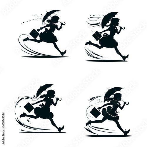Dynamic silhouette of a woman running with an umbrella and briefcase in a windy downpour