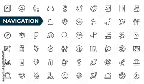 Navigation line Icon Set – Minimal Line Art Vector Illustrations for Astronaut, Satellite, Rocket, Trajectory, and Space Mission Designs