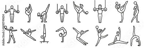 Gymnastic poses showcased by athletes in various routines during a competition at an indoor sports venue