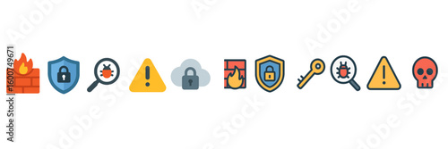 Security icons representing vulnerabilities, alerts, and protection measures used in technology and software development