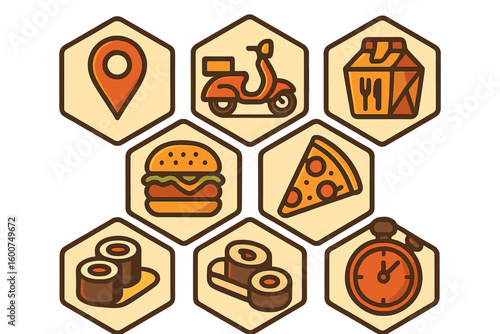 Colorful food delivery icons showcasing popular items like burgers, pizza, and sushi from various locations at lunchtime