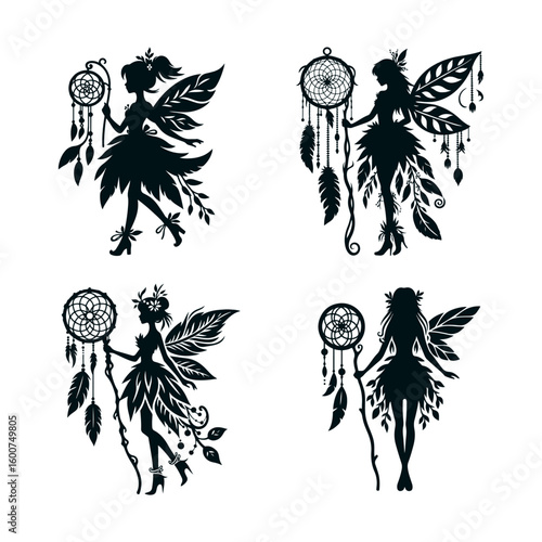 Four silhouettes of fairies holding dreamcatchers with feathers and leaves in a whimsical boho style