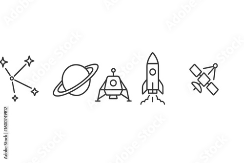 Creative representation of outer space exploration with planets, rockets, and constellations