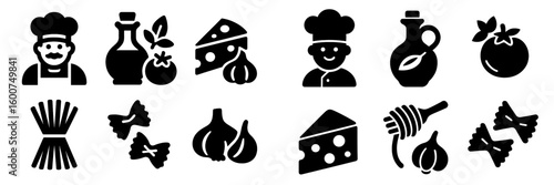 Creative icons of cooking essentials featuring chefs, ingredients, and kitchen tools for culinary inspiration