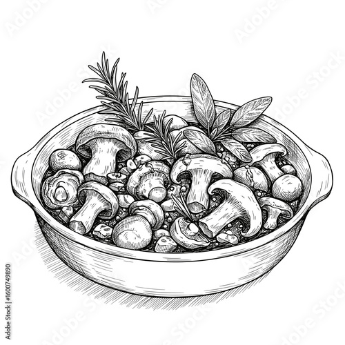 Mushroom Ragout with Herbs in Decorative Dish, monochrome vector sketch. Rustic autumn comfort food concept. For food blogs, recipe books, restaurant menus