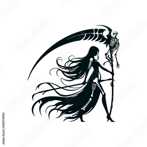 Mysterious female grim reaper with flowing dark hair and a large scythe against a white background