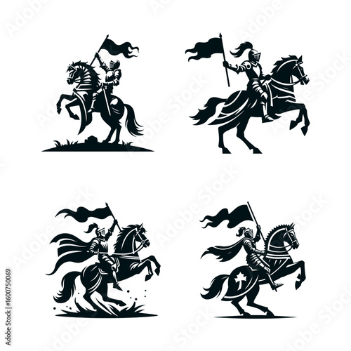 Four silhouetted medieval knights on rearing horses holding banners in dynamic poses